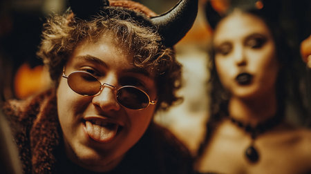Halloween revelers in devil costumes posing for the camera. A young man and woman dressed as devils, with horns and dark makeup, are captured in a close-up shot, celebrating Halloween. Moody portrait.の写真素材
