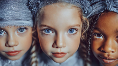 Three young girls with blue eyes looking at the camera. A close-up shot of diverse young girls with blue eyes, adorned with silver headbands, gazing directly at the viewer. Halloween party, carnival.の素材
