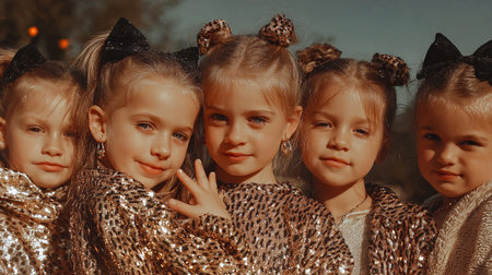 Group of stylish children posing together in shimmering gold outfits. Rich kids, some with sunglasses, are dressed in golden sequined jackets, looking at the camera with confident expressions have funの素材