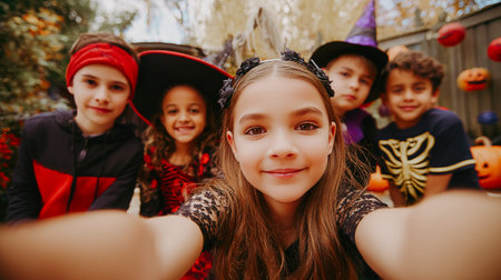 Kids in Halloween costumes taking a selfie outdoors. A group of children dressed in Halloween costumes smile for a selfie, with pumpkins and decorations in the background, capturing the festive spiritの素材