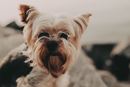 Cool and stylish Yorkshire Terrier wearing small black sunglasses. A cute Yorkie doggy lapdog is...