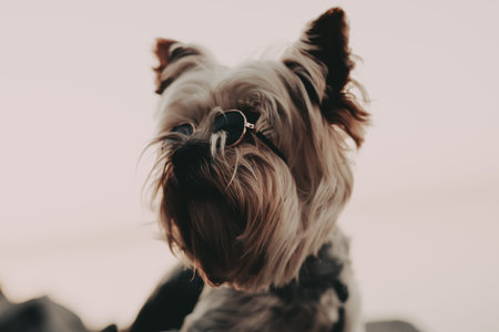 Cool and stylish Yorkshire Terrier wearing small black sunglasses. A cute Yorkie doggy lapdog is...