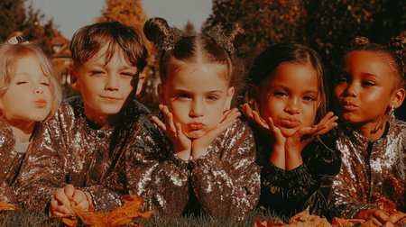 Group of adorable children posing together outdoors in autumn. Five diverse kids, dressed in stylish sparkly outfits, make playful faces while lying on the grass in autumn. October 31, Halloween partyの素材