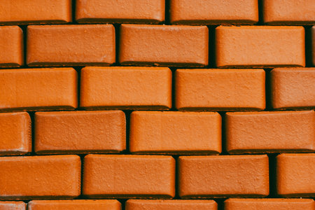 Close-up of a textured orange or red brick wall. The image showcases a detailed view of a brick wall, with each brick clearly defined. The warm, earthy tones create a sense of depth and texture.の写真素材