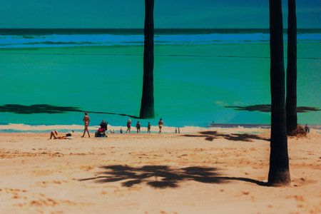 Surreal beach scene with people relaxing and walking near the ocean, palm tree shadows stretching...