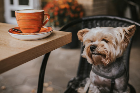 Adorable Yorkshire Terrier dog sitting at outdoor cafe table next to the orange cup of coffee. Cozy lifestyle scene with pet, warm autumn vibes, small dog portrait in urban setting Trendy cafe culture