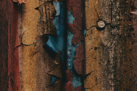 Weathered metal surface with peeling paint in vibrant colors. Close-up of a textured metal surface...