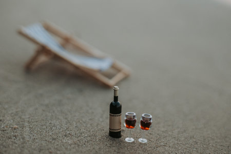 Wine glasses and a bottle of wine on the beach. A miniature wine bottle and two glasses of red wine...