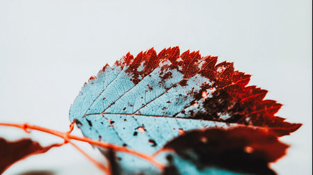 Macro photo of a dry autumn leaf with unique blue and red tones on a white background. Creative contrast, detailed texture, and vibrant colors perfect for abstract nature, seasonal and design conceptsの素材