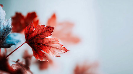 Macro photo of a dry autumn maple leaf with unique blue and red tones on a light blue background. Contrast, detailed texture, vibrant colors perfect for abstract nature, seasonal and design concepts.の素材