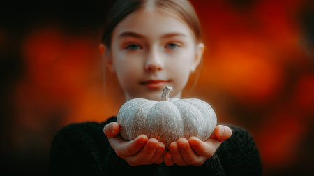 Girl holding a small white pumpkin. A young girl with fair skin and blue eyes gently cradles a small, light-colored pumpkin in her hands, offering it to the viewer. Halloween holiday preparation.の素材
