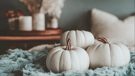 Autumn still life with pumpkins and flowers. A cozy autumn still life features white pumpkins, fall flowers, candles, and a soft blanket, creating a warm and inviting atmosphere.の素材