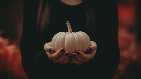 Female hands holding a white pumpkin. A close-up shot showcases a pair of hands gently cradling a small, white pumpkin. The hands have dark red nail polish, adding a touch of eerie elegance. Halloweenの素材