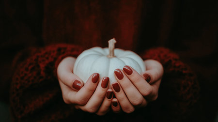 Female hands holding a white pumpkin. A close-up shot showcases a pair of hands gently cradling a small, white pumpkin. The hands have dark red nail polish, adding a touch of eerie elegance. Halloweenの素材