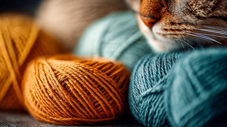 A cute ginger cat sleeping on colorful yarn balls. A close-up shot of a ginger feline pet resting its head on a ball of teal yarn, surrounded by colorful yarn balls, creating a cozy and warm scene.の素材