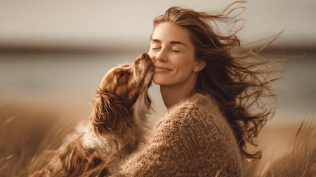 Joyful moment between a woman and her lovable dog in golden light. A pet affection and natural breeze capture freedom, warmth, love, and serenity in a cozy outdoor lifestyle portrait trending in 2025.の素材