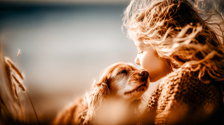 Tender moment between a little girl and her pet dog at sunset. Warm golden light, soft focus and emotional connection evoke love, childhood innocence, friendship and peace in a natural outdoor scene.の素材