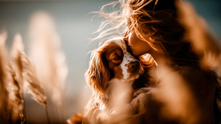 Joyful moment between a woman and her lovable dog in golden light. A pet affection and natural breeze capture freedom, warmth, love, and serenity in a cozy outdoor lifestyle portrait trending in 2025.の素材