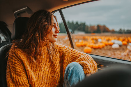 Woman gazing out of a car window at a pumpkin patch. A young girl wearing a cozy orange sweater looks out the window at a rustic field. The scene evokes feelings of autumnal and seasonal journey.の素材