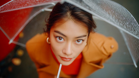 Woman looking up expressive from under umbrella on a rainy day. A young girl gazes upwards from beneath a transparent umbrella. Raindrops adorn the umbrella's surface, adding a touch of freshness Fallの素材