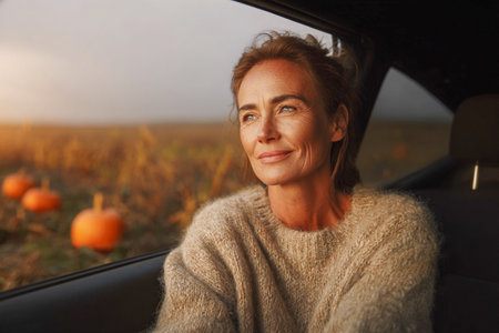 Woman enjoying a scenic view of a pumpkin patch from a car window. A mature woman gazes out the window of a car, smiling at a pumpkin field on a sunny day. She is wearing a cozy sweater. Car trip.の素材