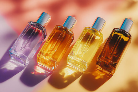 Elegant perfume bottles in a row with colorful liquid and shadows. Five perfume bottles are arranged diagonally, each filled with a different colored liquid. The bottles cast shadows on the surface.の素材