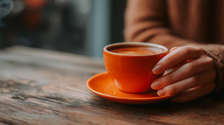 Woman holding a cup of coffee in a cozy setting. A warm, inviting image of a person holding a vibrant orange cup of coffee on a wooden table, creating a sense of comfort and relaxation. Warm drink.の素材