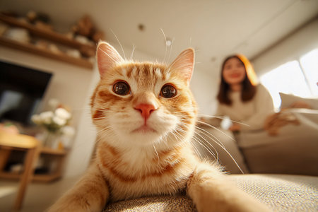 Close-up of a curious orange tabby cat looking directly at the camera. A ginger cat is the main focus, with a woman blurred in the background, creating a warm and inviting atmosphere and making selfieの素材