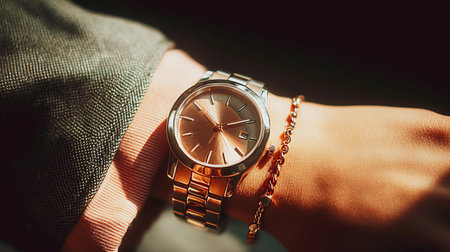 A close-up shot of a person's wrist adorned with a luxury wristwatch. The image features a person wearing a stylish Rolex watch, with a warm color palette and soft lighting creating a luxurious feel.の素材