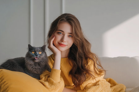 A young pretty woman with a yellow-eyed gray cat on a sofa. A beautiful girl with long brown hair smiles while sitting on a couch with a fluffy domestic cat, wearing a yellow sweater Cozy scene indoorの素材