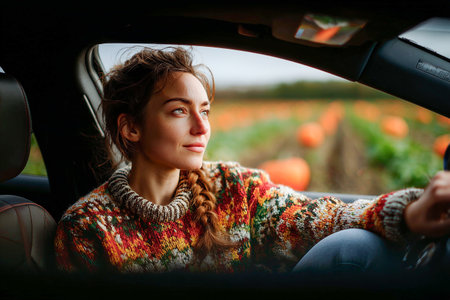 Woman in a car looking out at a pumpkin patch. A young female driver gazes out the window with a pumpkin field in the background. She is wearing a colorful cozy sweater, enjoying the autumn scenery.の素材