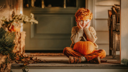 A redhead boy sitting on a porch with a pumpkin, enjoying autumn. A charming portrait captures a kid with red hair in a fall season with a pumpkin on a porch. A cozy autumn atmosphere. Halloween decorの素材