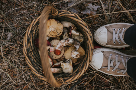 Foraging for wild raw mushrooms in a woven basket on a forest floor. A person stands over a basket filled with freshly picked mushrooms, ready to be prepared for a delicious meal. Mushrooms picker.の写真素材