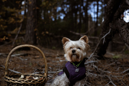 Yorkshire Terrier dog wearing a purple vest in a forest with a wicker basket. A cute Yorkshire Terrier sits in a forest setting, wearing a purple vest and looking up with a wicker basket nearby.の写真素材