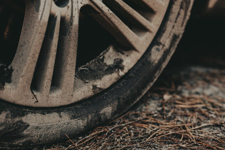 Close-up of a dirty car wheel and tire on a rough, natural surface. The wheel and tire are covered in mud and dirt, suggesting off-road driving or travel on unpaved roads. Flat tire. Off road drive.の写真素材