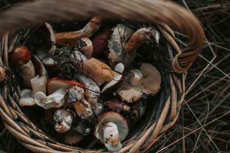Freshly picked raw mushrooms in a rustic woven basket, ready for cooking. A variety of wild mushrooms are displayed in a basket, showing the bounty of the forest. Harvested fungi in fall season.の写真素材