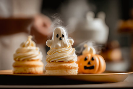 Delicious Halloween cupcakes with ghost and pumpkin decorations on a golden plate. These adorable cupcakes are perfect for a Halloween party or a spooky treat for kids and adults alike.の素材