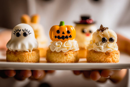 Halloween treats, mini cakes decorated as pumpkin, ghost, and snowman, festive sweets, cozy autumn mood, homemade pastry, creative dessert, holiday baking, cute Halloween food art, macro photography.の素材