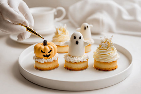Halloween-themed mini cakes with pumpkin and ghost decorations on a white plate. Adorable treats are perfect for a spooky celebration or themed party, offering a delightful visual appeal. October 31.の素材