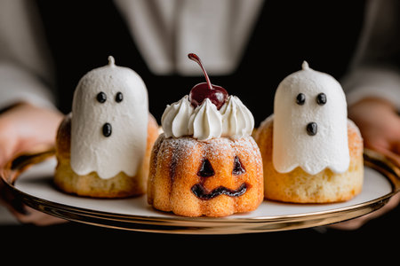 Delicious Halloween-themed cakes on a plate, ready to be served. Adorable spooky sweets and treats, perfect for a festive party or a special holiday.The pastry chef serves dessert on a platter.の素材