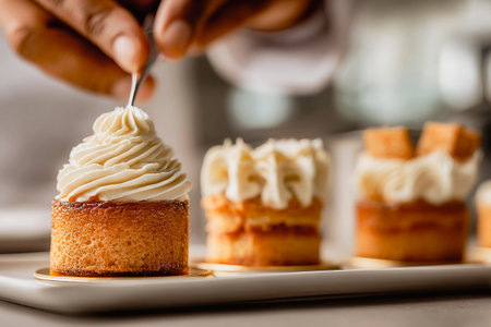 Chef decorates mini cakes with frosting, close-up dessert preparation. A skilled chef carefully adds the finishing touches to a selection of beautifully crafted mini cakes, creating a delightful treatの素材
