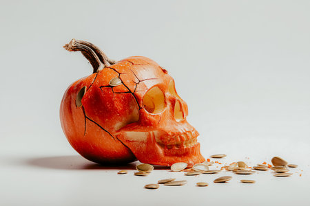 Halloween pumpkin skull, surreal carved pumpkin with seeds spilling from mouth, spooky creative still life, horror art, minimal background, autumn symbolism, creepy fall composition, fine art photo.の素材