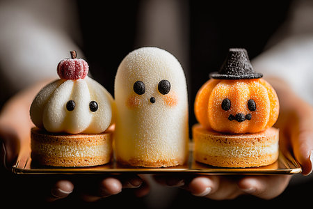 Adorable Halloween-themed pastries on a golden tray, held by hands. These cute Halloween treats include a ghost, pumpkin, and pumpkin-shaped pastry, perfect for a spooky season. Cute sweets and treatsの素材