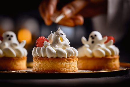 Delicious Halloween ghost cakes with raspberries on a golden tray. These adorable ghost-shaped cakes are perfect for a spooky Halloween party or celebration. Spooky ghosts cakes on a tray.の素材