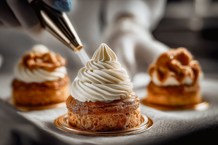 Chef Decorating Exquisite Pastries with Fresh Cream in a Professional Kitchen. A skilled chef expertly decorates delicious pastries with fresh, creamy frosting, creating a visual delight.の素材