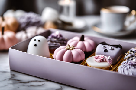 A set of delicious Halloween-themed pastries in a decorative gift box on a table. A beautiful assortment of spooky treats, sweets and cookies perfect for a Halloween party or celebration. October 31.の素材