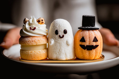 Delicious Halloween-themed pastries on a white plate, perfect for a spooky celebration. These adorable and festive treats are perfect for a Halloween party or a fun seasonal dessert Cute spooky sweetsの素材