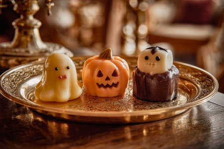 Halloween-themed marzipan treats on a decorative golden plate. These adorable marzipan creations are perfect for Halloween parties and celebrations. Cute and funny creative characters. October 31.の素材