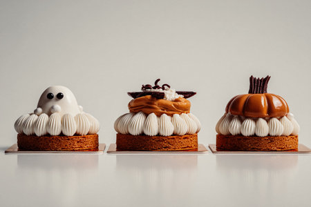 Festive Halloween-themed pastries with ghost, pumpkin, and cream designs on white background. These delightful funky desserts are perfect for Halloween party or a spooky celebration. Trick or Treat.の素材