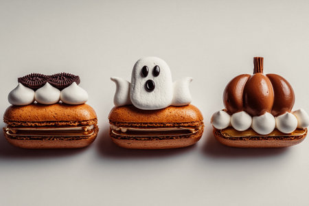 Festive Halloween Macarons or eclairs in the form of a Ghost, Pumpkin and Oreo Cookie Treats. These adorable macarons, cookies are perfect for Halloween parties or a fun seasonal dessert spread.の素材